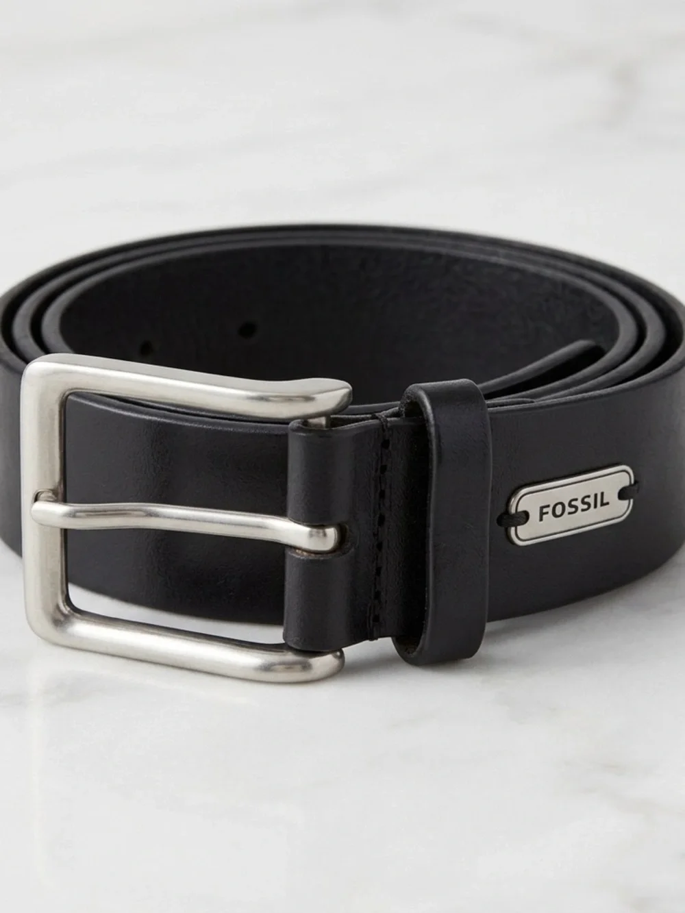 Fossil Black Leather Men's Belt with Silver-Tone Buckle